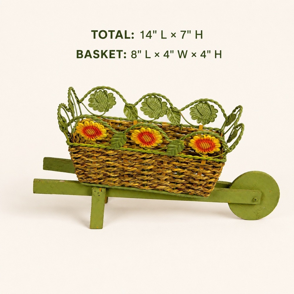 Vintage Style Wicker Wheelbarrow Planter Sunflower Metal Garden Decor Green